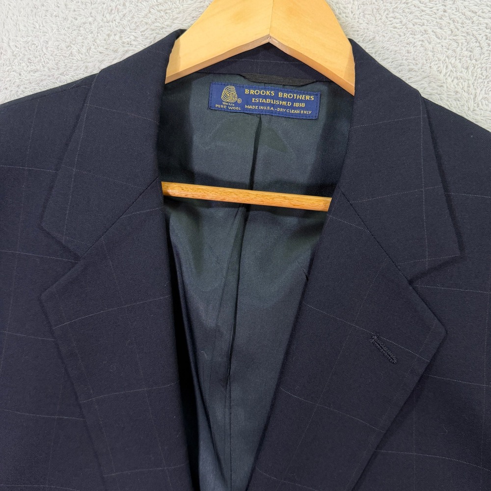 Vintage Brooks Brothers Mens 46L Blazer Sport Coat Navy Blue Windowpane Wool USA - Picture 2 of 12